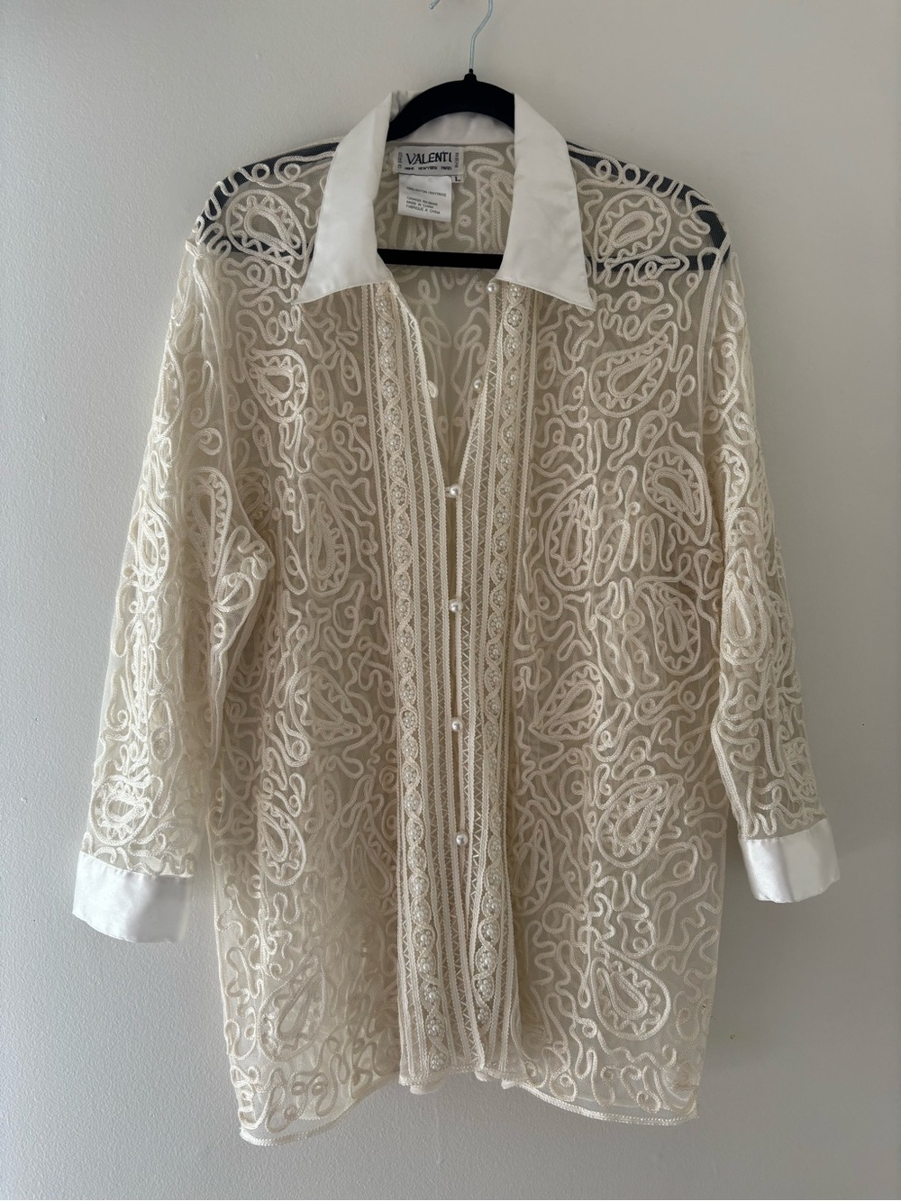Vintage Valenti Mesh Embroidered Cream Button-Up Blouse